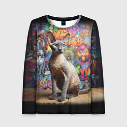 Лонгслив женский Коша породы Корниш-рекс на фоне граффити, цвет: 3D-принт