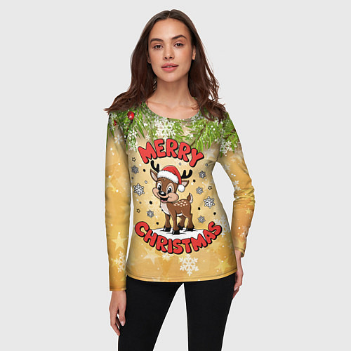 Женский лонгслив Олень в шапке Санты / 3D-принт – фото 3