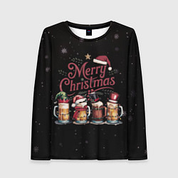 Лонгслив женский Кружки пива в новогодних шапках, цвет: 3D-принт