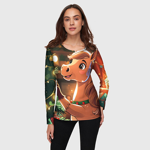 Женский лонгслив Лошадка наряжает елку / 3D-принт – фото 3