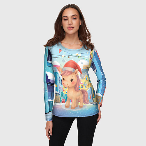 Женский лонгслив Лошадка с новогоднем венком / 3D-принт – фото 3