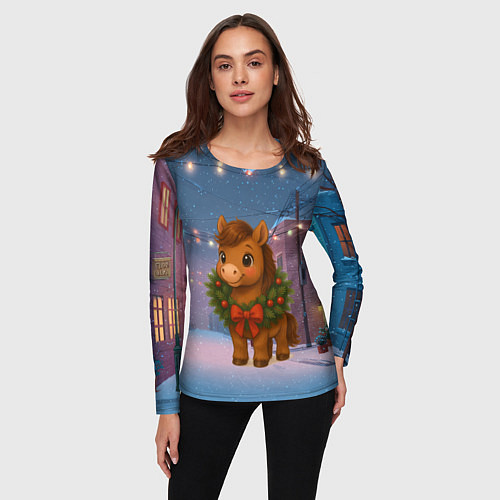 Женский лонгслив Лошадка с новогоднем венком 2026 / 3D-принт – фото 3