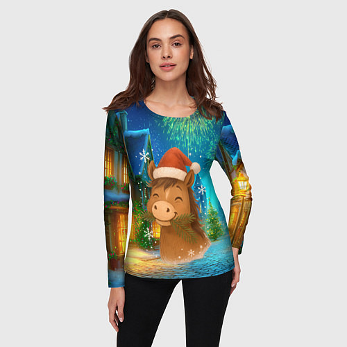 Женский лонгслив Новогодняя лошадка жует елочные ветки / 3D-принт – фото 3