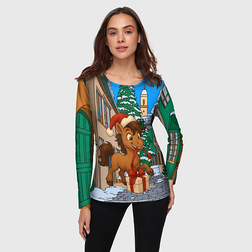 Женский лонгслив Лошадка распаковывает новогодний подарок / 3D-принт – фото 3