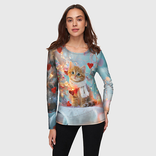 Женский лонгслив Рыжий новогодний котенок с сердечком / 3D-принт – фото 3