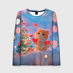 Лонгслив женский Рыжий котенок в сердечках у елочки, цвет: 3D-принт