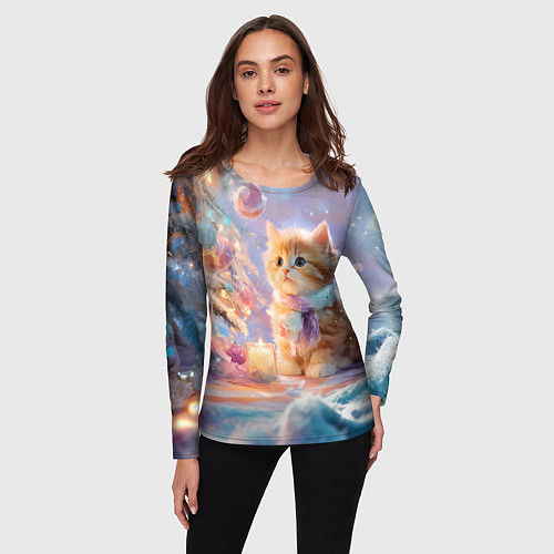 Женский лонгслив Маленький котенок встречает Новый год / 3D-принт – фото 3