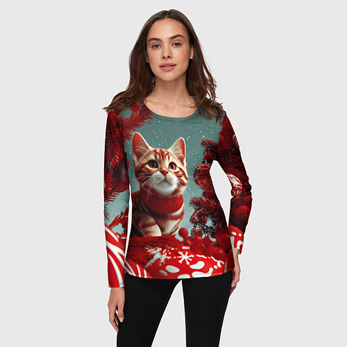 Женский лонгслив Рыжий кот - Новый год / 3D-принт – фото 3