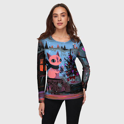 Женский лонгслив Кошка празднует Новый год / 3D-принт – фото 3