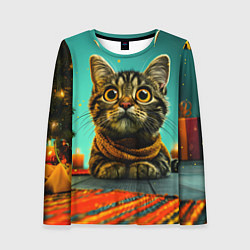 Лонгслив женский Котик под елкой, цвет: 3D-принт