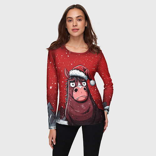 Женский лонгслив Конь в новогодней шапке / 3D-принт – фото 3
