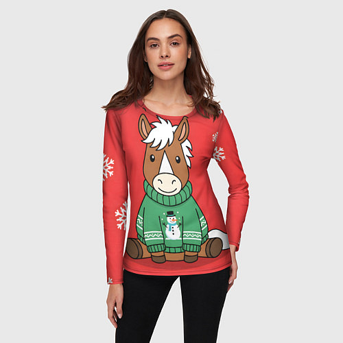 Женский лонгслив Новогодняя лошадка в зеленом свитере / 3D-принт – фото 3