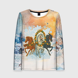 Лонгслив женский Новогодняя тройка лошадей с мандаринами, цвет: 3D-принт