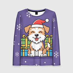 Женский лонгслив Новогодняя собачка с подарками