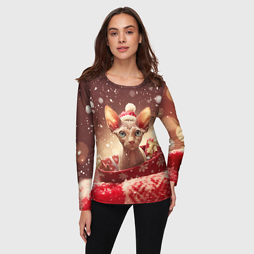 Женский лонгслив Сфинкс новогодняя кошка / 3D-принт – фото 3