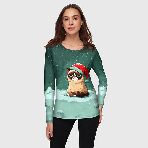 Женский лонгслив Мем Новогодний котик / 3D-принт – фото 3