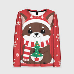 Лонгслив женский Новогодний пес с елочкой, цвет: 3D-принт