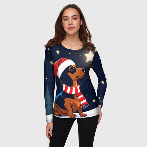 Женский лонгслив Новогодняя такса и звезды / 3D-принт – фото 3