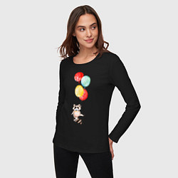 Лонгслив хлопковый женский Енот на шариках, цвет: черный — фото 2