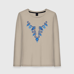 Лонгслив хлопковый женский Славянский узор сине-голубой, цвет: миндальный