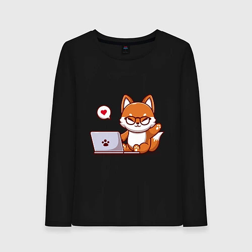 Женский лонгслив Cute fox and laptop / Черный – фото 1