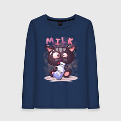 Лонгслив хлопковый женский Котёнок милашка с молоком, цвет: тёмно-синий