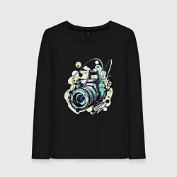 Лонгслив хлопковый женский Фотоаппарат, цвет: черный