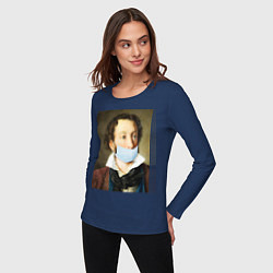 Лонгслив хлопковый женский Пушкин в маске, цвет: тёмно-синий — фото 2