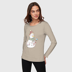 Лонгслив хлопковый женский Снеговик с птичкой, цвет: миндальный — фото 2