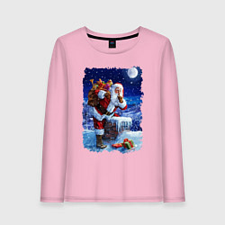 Лонгслив хлопковый женский Дед Мороз с подарками на крыше, цвет: светло-розовый