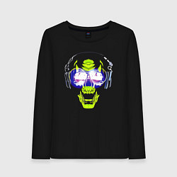 Лонгслив хлопковый женский Neon skull - music lover, цвет: черный