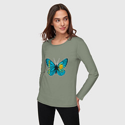 Лонгслив хлопковый женский Бабочка - Казахстан, цвет: авокадо — фото 2
