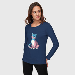 Лонгслив хлопковый женский Нежная кошка, цвет: тёмно-синий — фото 2