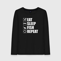 Лонгслив хлопковый женский Есть Спать Рыбалка Повторить, цвет: черный