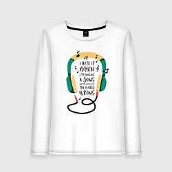 Лонгслив хлопковый женский Наушники и ноты, цвет: белый