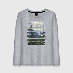 Лонгслив хлопковый женский Горы, небо и птицы, цвет: меланж