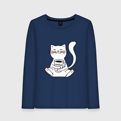 Лонгслив хлопковый женский Белый кот с кофе, цвет: тёмно-синий