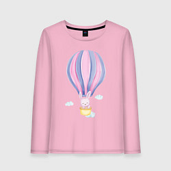 Лонгслив хлопковый женский Милый Крольчонок Взлетает На Воздушном Шаре, цвет: светло-розовый