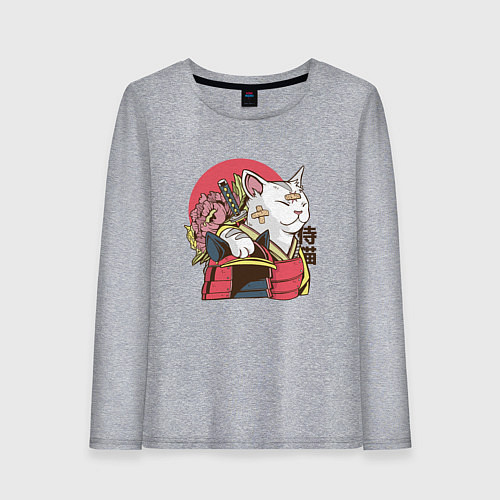 Женский лонгслив Котик Самурай Samurai Cat Japanese art / Меланж – фото 1