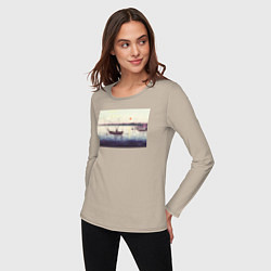 Лонгслив хлопковый женский Boats and Setting Sun Лодки на закате, цвет: миндальный — фото 2