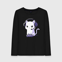 Лонгслив хлопковый женский Котёнок игроман The kitten is a gambler, цвет: черный