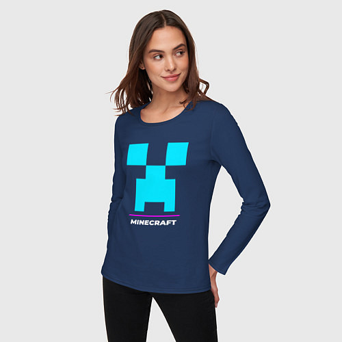 Женский лонгслив Символ Minecraft в неоновых цветах / Тёмно-синий – фото 3
