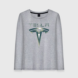 Лонгслив хлопковый женский Tesla Logo Тесла Логотип Карбон, цвет: меланж