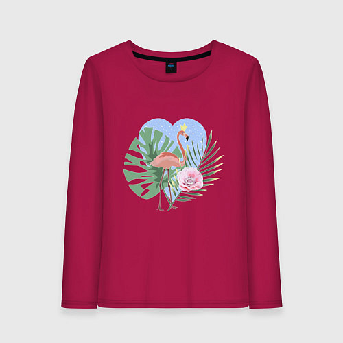 Женский лонгслив Розовый фламинго на фоне пальмовых листьев и сердц / Маджента – фото 1