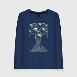 Лонгслив хлопковый женский Абстрактное дерево со сферами, цвет: тёмно-синий