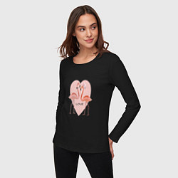Лонгслив хлопковый женский Розовые фламинго на фоне розового сердца, цвет: черный — фото 2