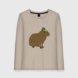 Лонгслив хлопковый женский Капибара с кепкой-пропеллером, цвет: миндальный