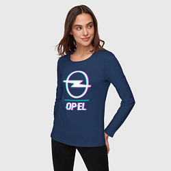 Лонгслив хлопковый женский Значок Opel в стиле glitch, цвет: тёмно-синий — фото 2