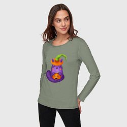 Лонгслив хлопковый женский Смешной кот в ведьмовской шляпе с тыквой Джек, Хэл, цвет: авокадо — фото 2