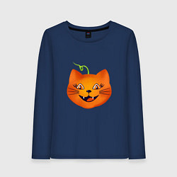 Лонгслив хлопковый женский Рыжий кот Джек похож на тыкву, Хэллоуин, цвет: тёмно-синий